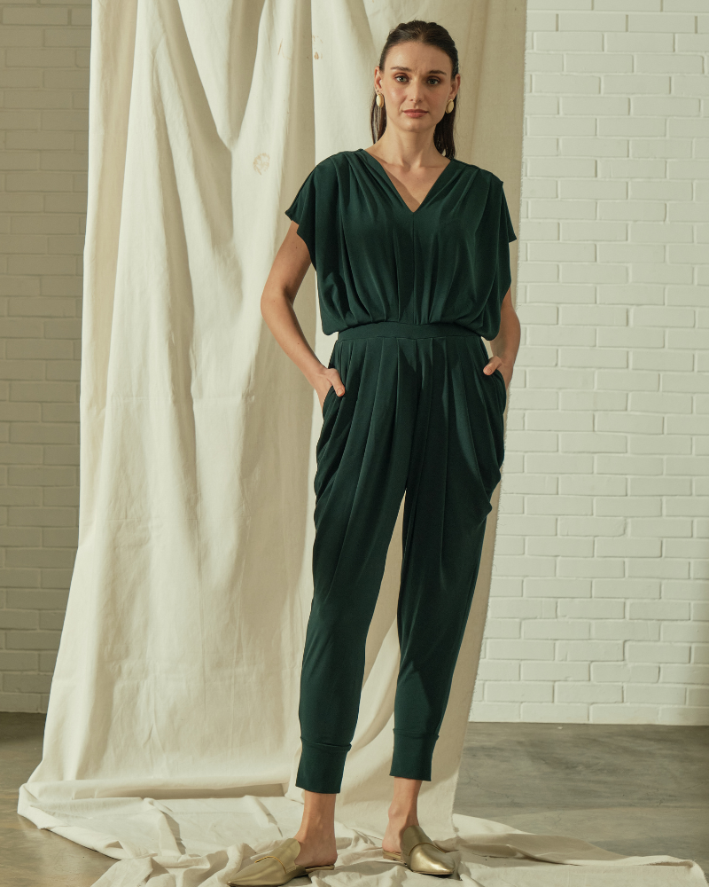 Nora V-Neck Pleated Jersey Jumpsuit