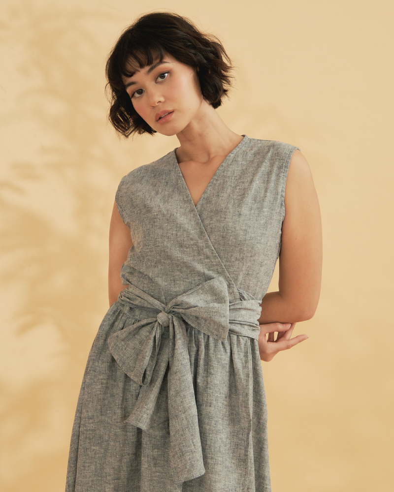 Tamia Sleeveless Self-Tie Ribbon Midi Dress