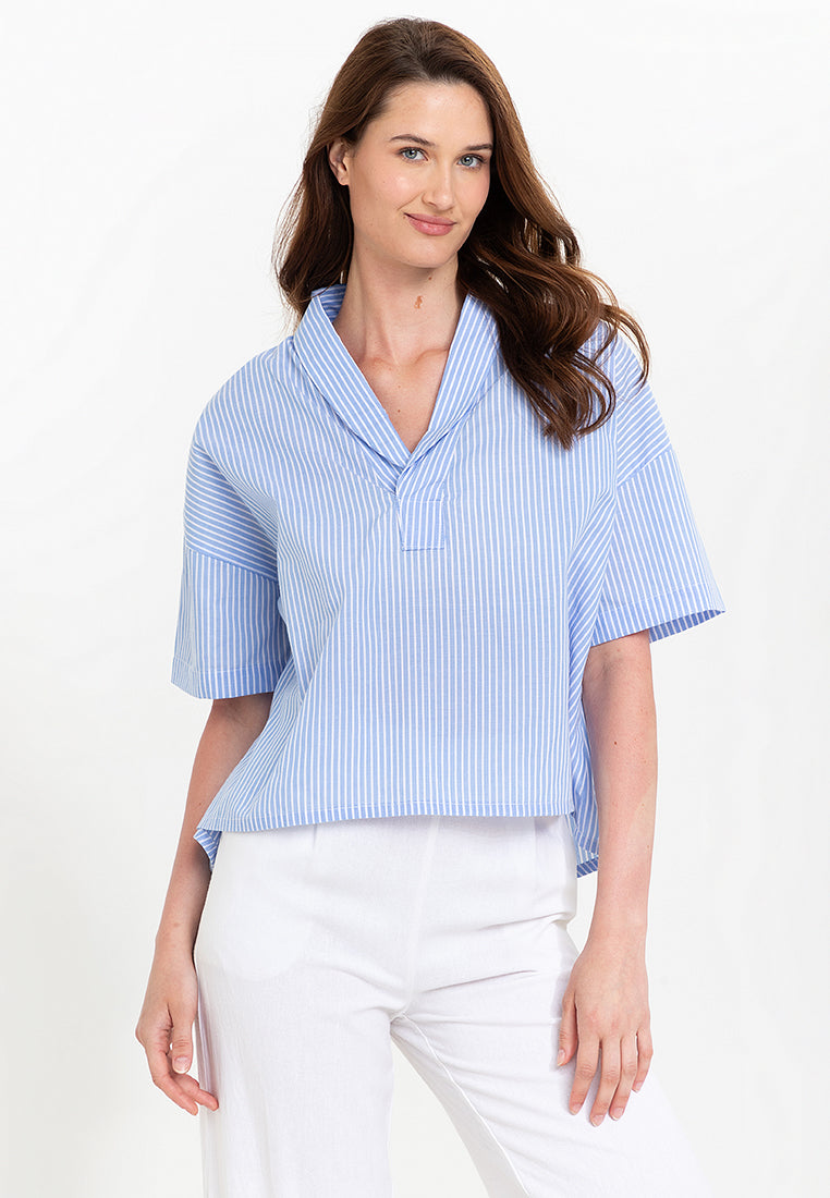 Fay Pinstripe Billowy Sleeves Cotton Top
