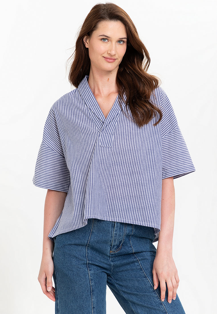 Fay Pinstripe Billowy Sleeves Cotton Top