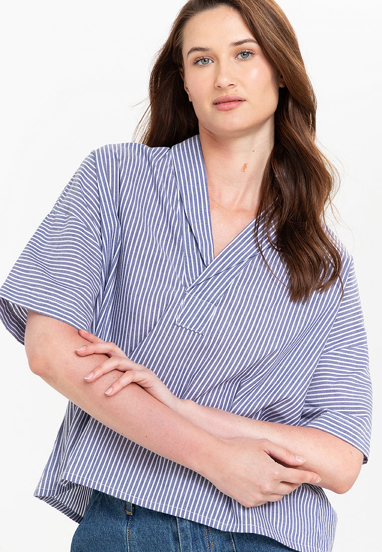 Fay Pinstripe Billowy Sleeves Cotton Top