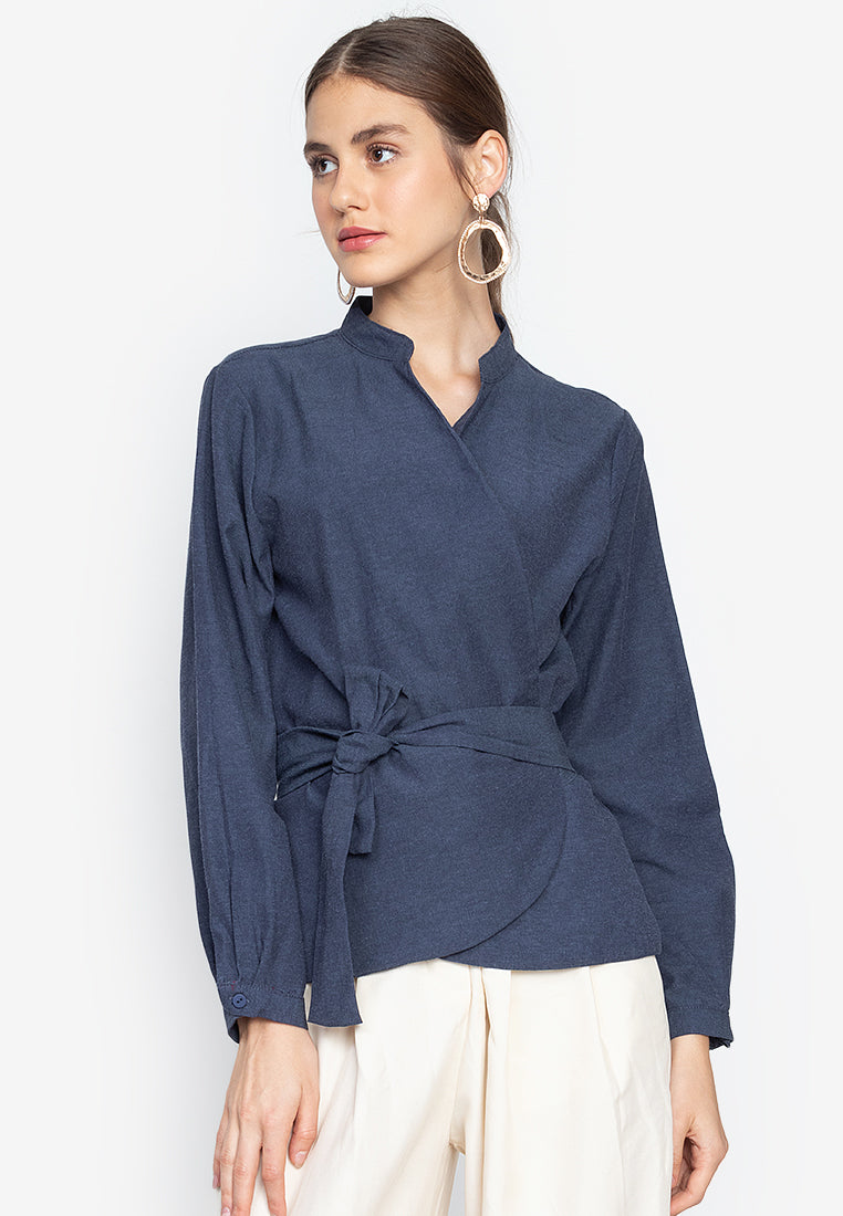 Enrica Mandarin Collar Tie-Detail Top