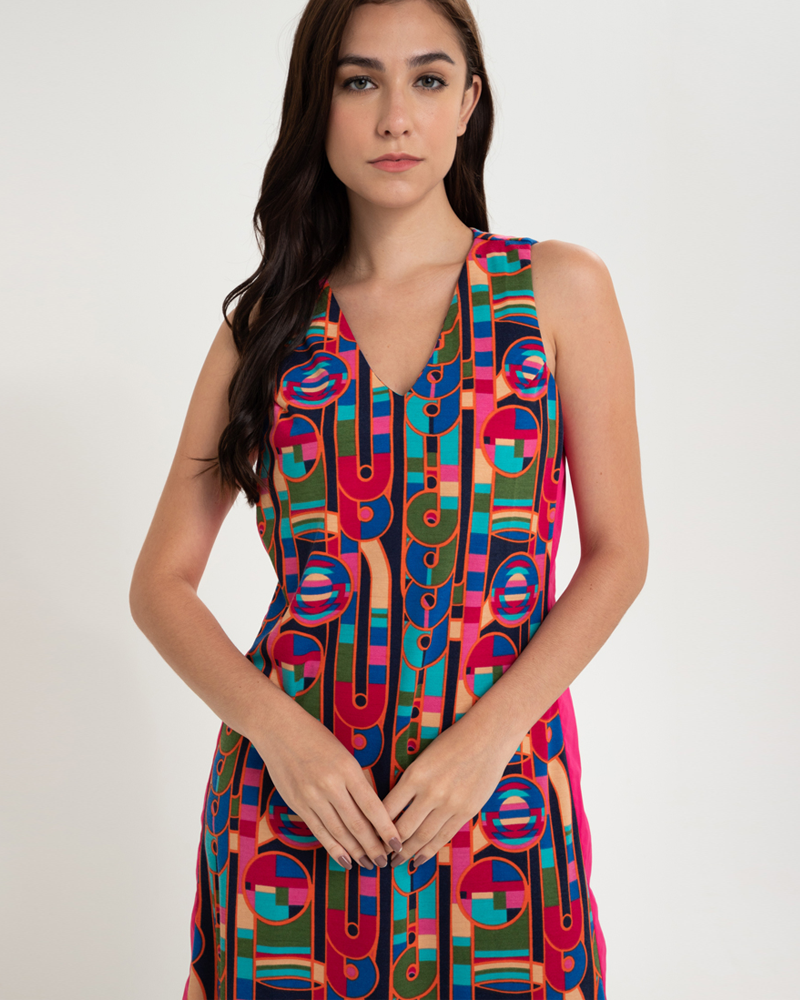 Amaya Graphic Printed Stretch V-Neck Dress