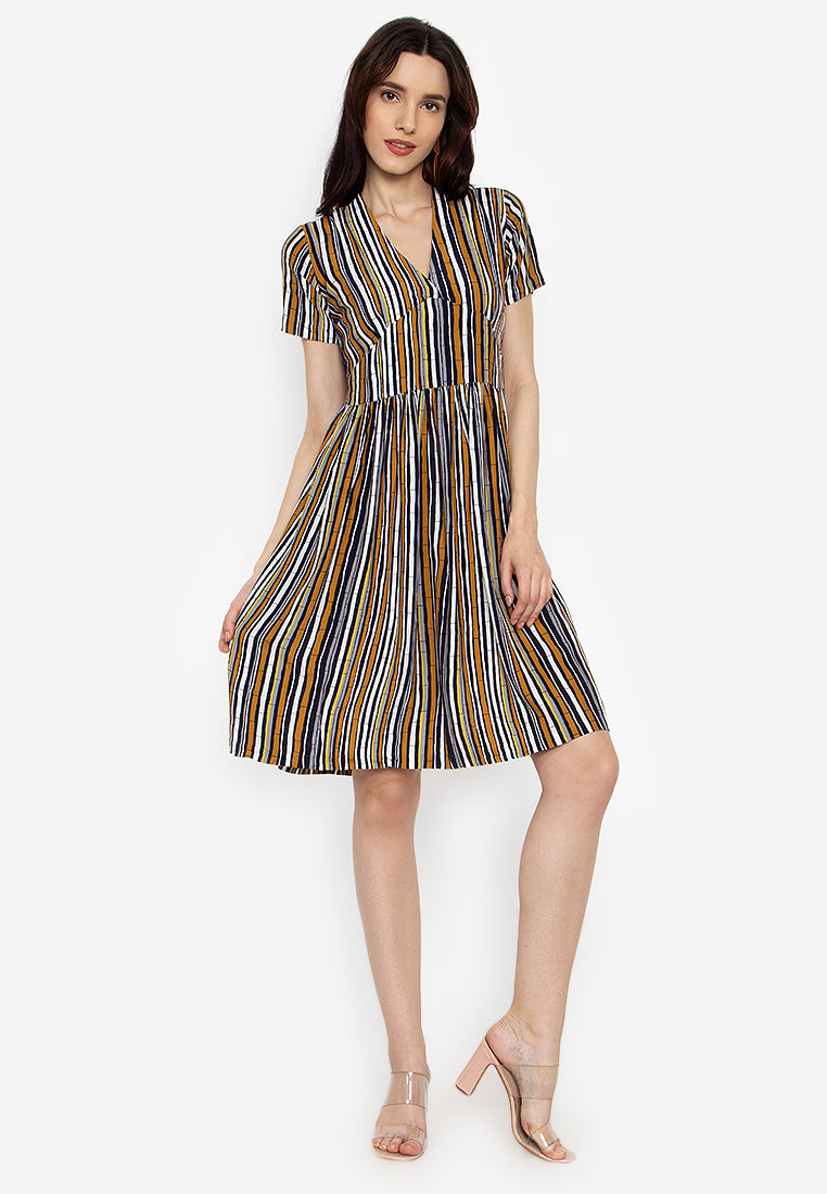 Keturah Striped V-Neck Belted Fit Flare Dress