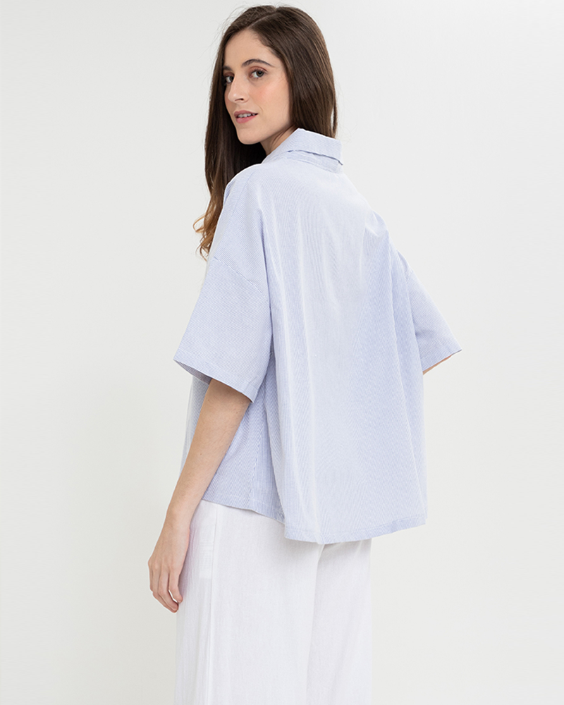 Fay Pinstripe Billowy Sleeves Cotton Top