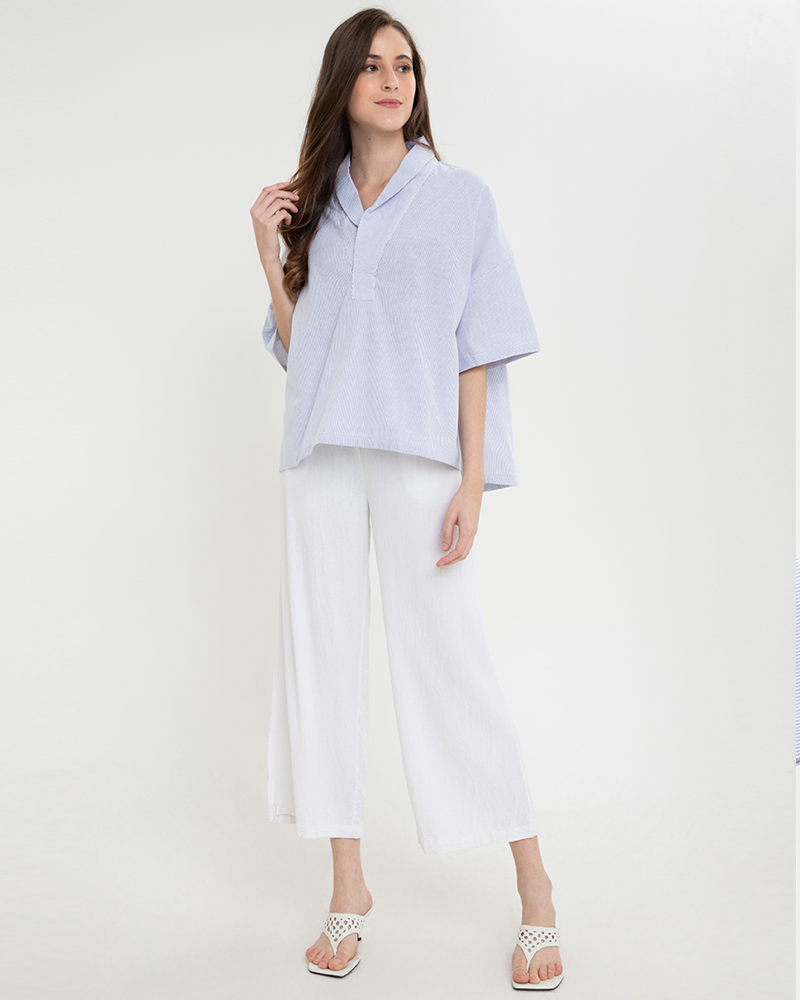 Fay Pinstripe Billowy Sleeves Cotton Top